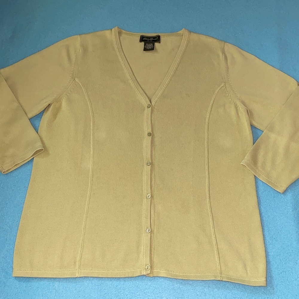 EDDIE BAUER sweater top cardigan button up 3/4 sleeve v-neck chartreuse size LP